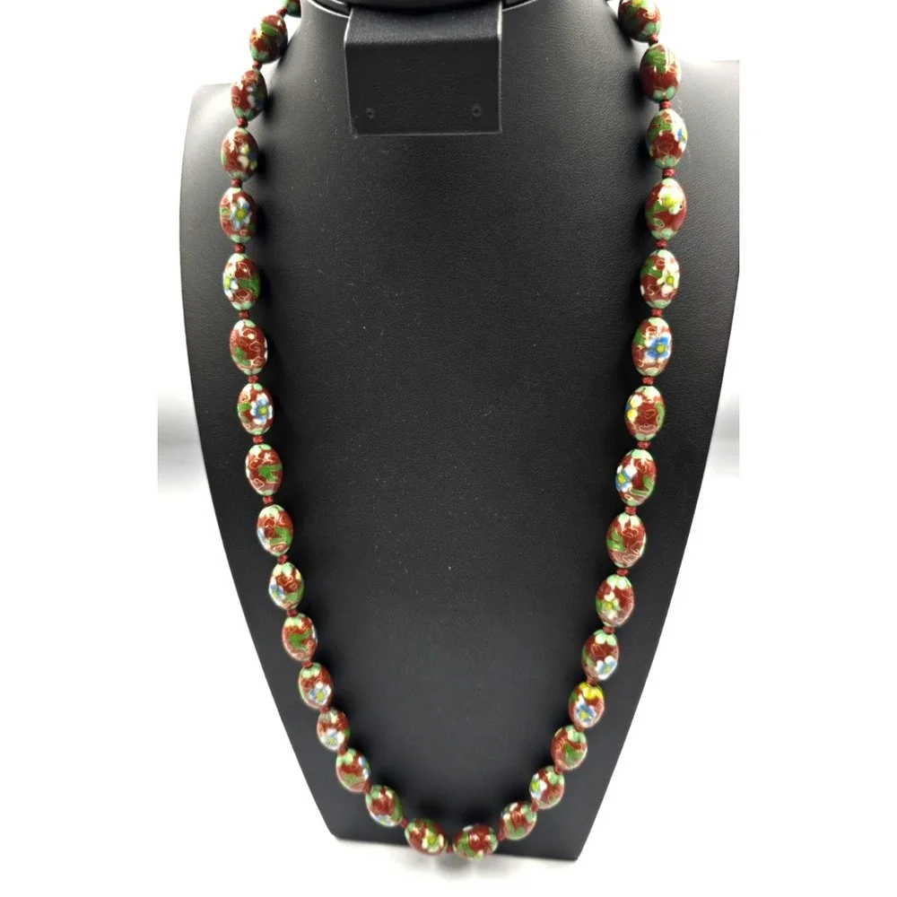Vintage Chinese Cloisonne Enamel Bead Necklace Knotted‎ Egg Floral